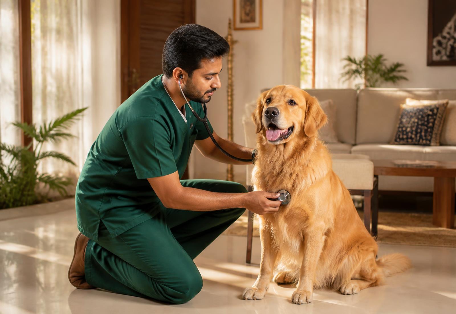 Veterinarian examining a dog with a stethoscope during a home visit in Lahore